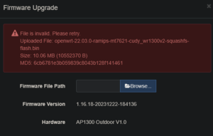 Cudy AP1300 Firmware Upgrade Attempt with WR1300 v2 and v3 Intermediary Firmware FAILURE