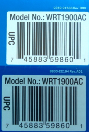 WRT1900AC (Version 1 and 2) UPC Label on Box indicating Revisions